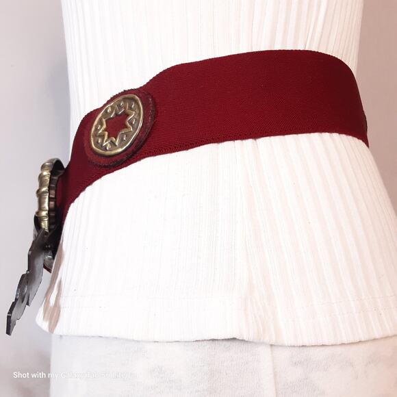 Vintage Audrey Jones Womens Suede Ends Elastic Belt 2X Waist BrassTone Conchos - Picture 4 of 10